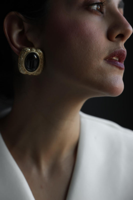 Lazuli Black Glass Clip-On Earrings Gold Tone