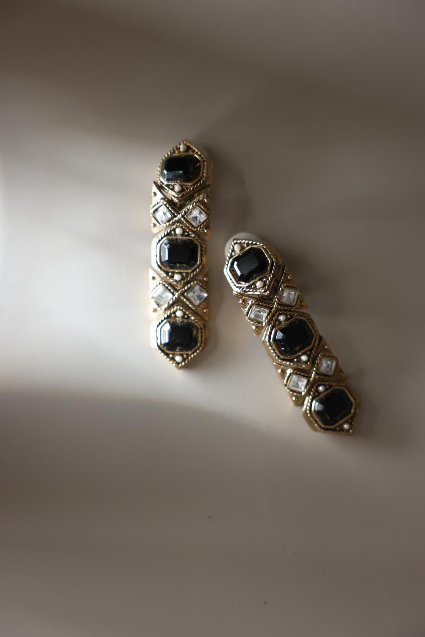 Gold Tone Black Rhinestone Drop Clip-On Earrings