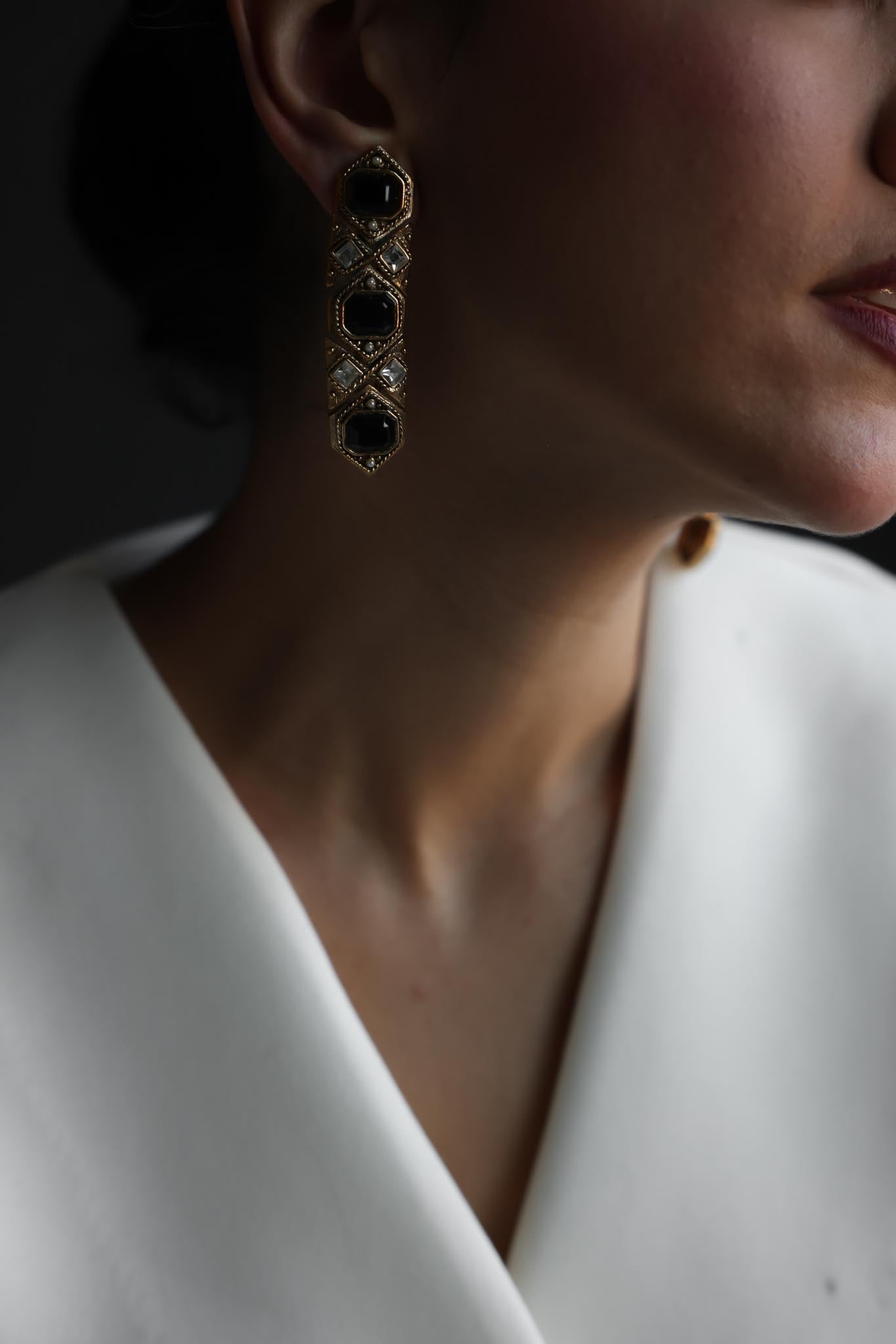 Gold Tone Black Rhinestone Drop Clip-On Earrings