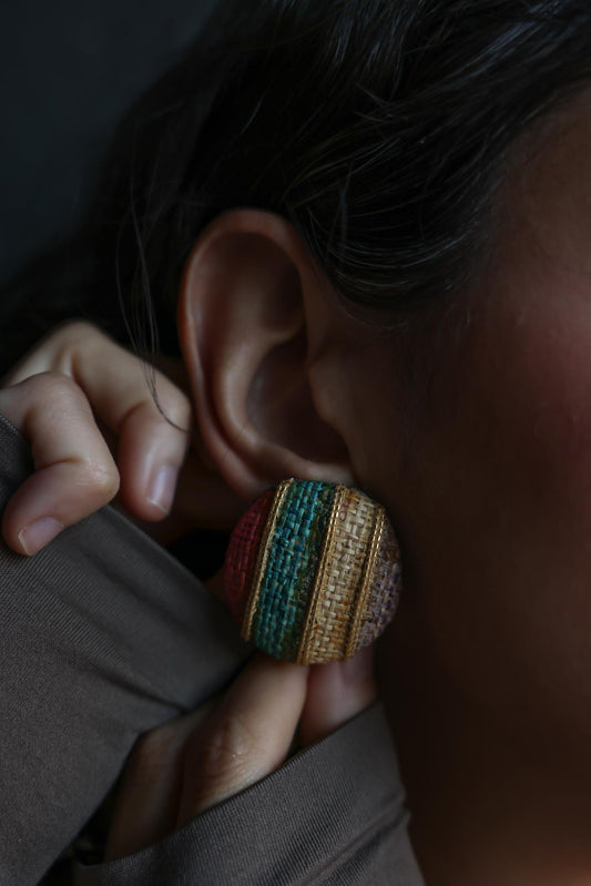 Multicolor Fabric Clip-On Earrings with Gold Accents|Vintage Baazaar 