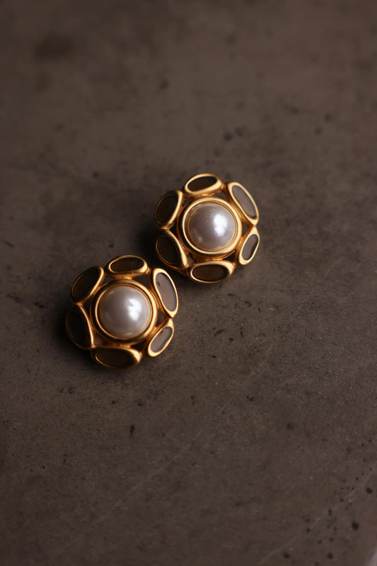 AK Gold-Tone Faux Pearl Enamel Clip-On Earrings