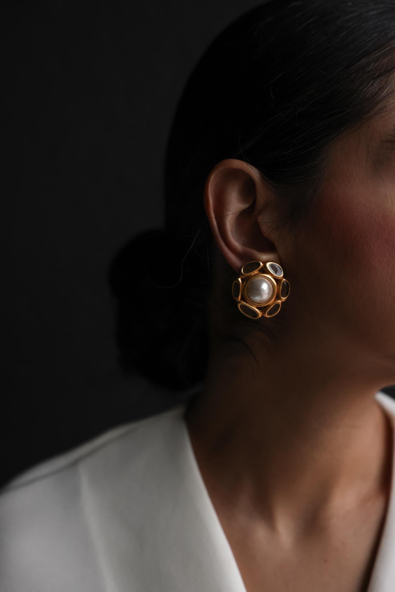 AK Gold-Tone Faux Pearl Enamel Clip-On Earrings