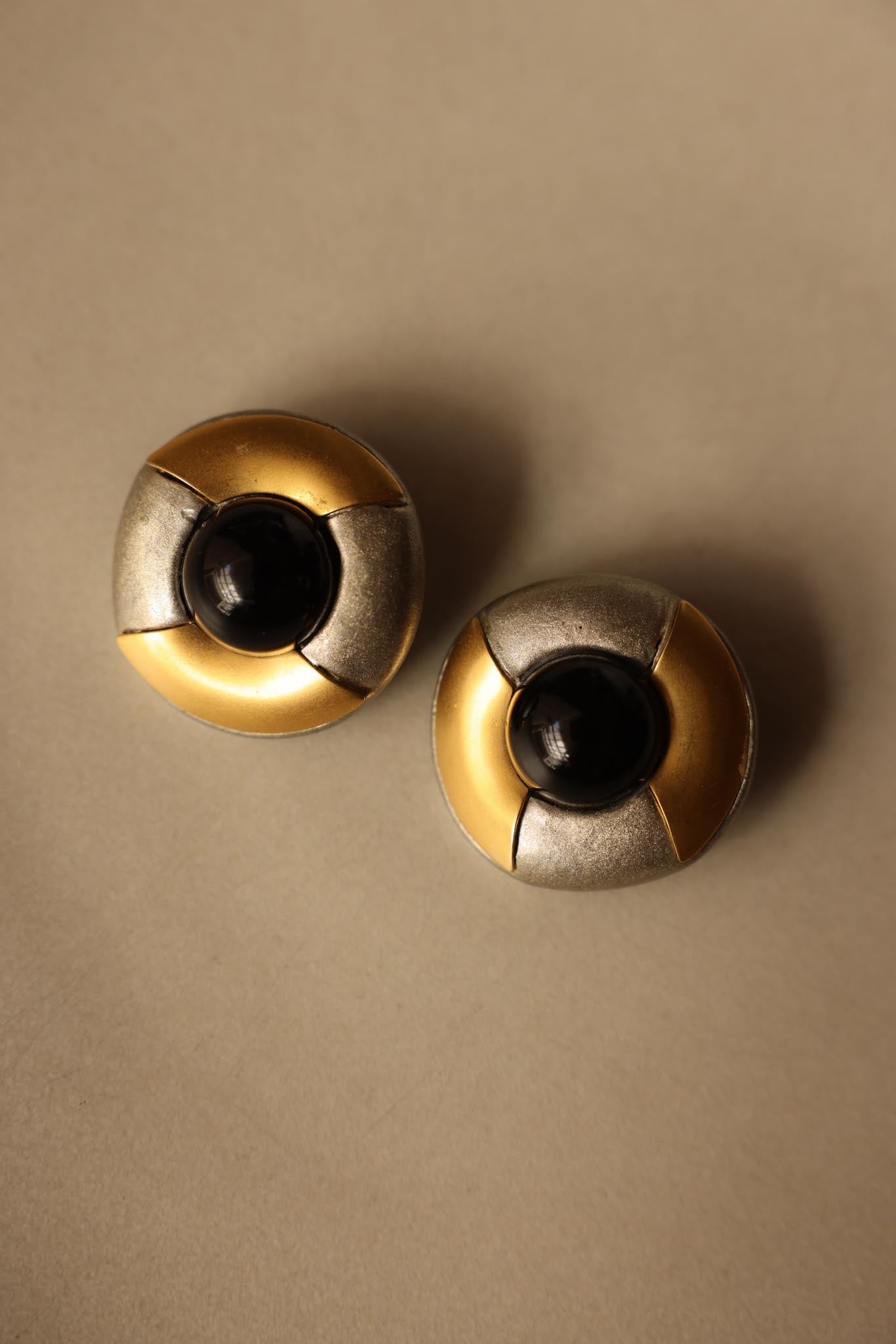 Bold Two-Tone Clip-On Earrings with Black Cabochon|Vintage Baazaar 