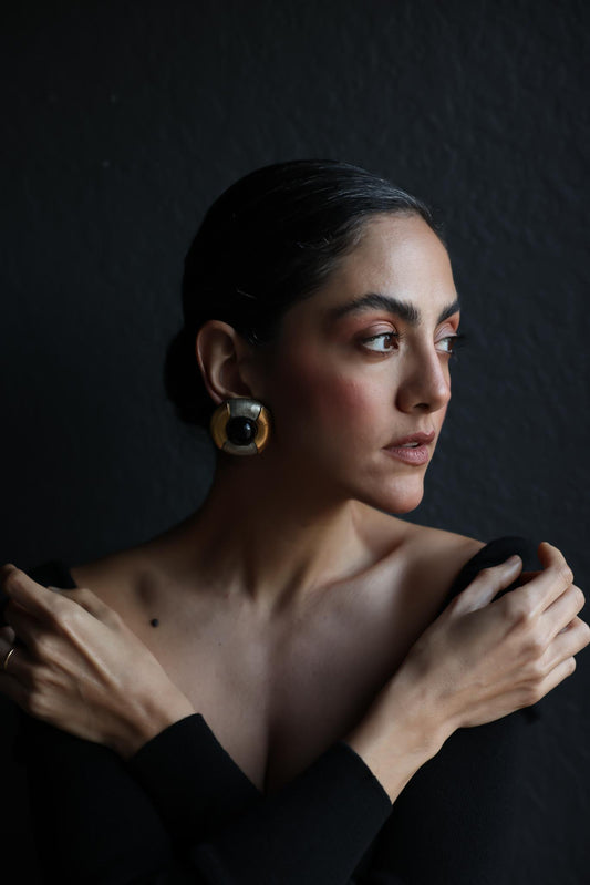 Bold Two-Tone Clip-On Earrings with Black Cabochon|Vintage Baazaar 