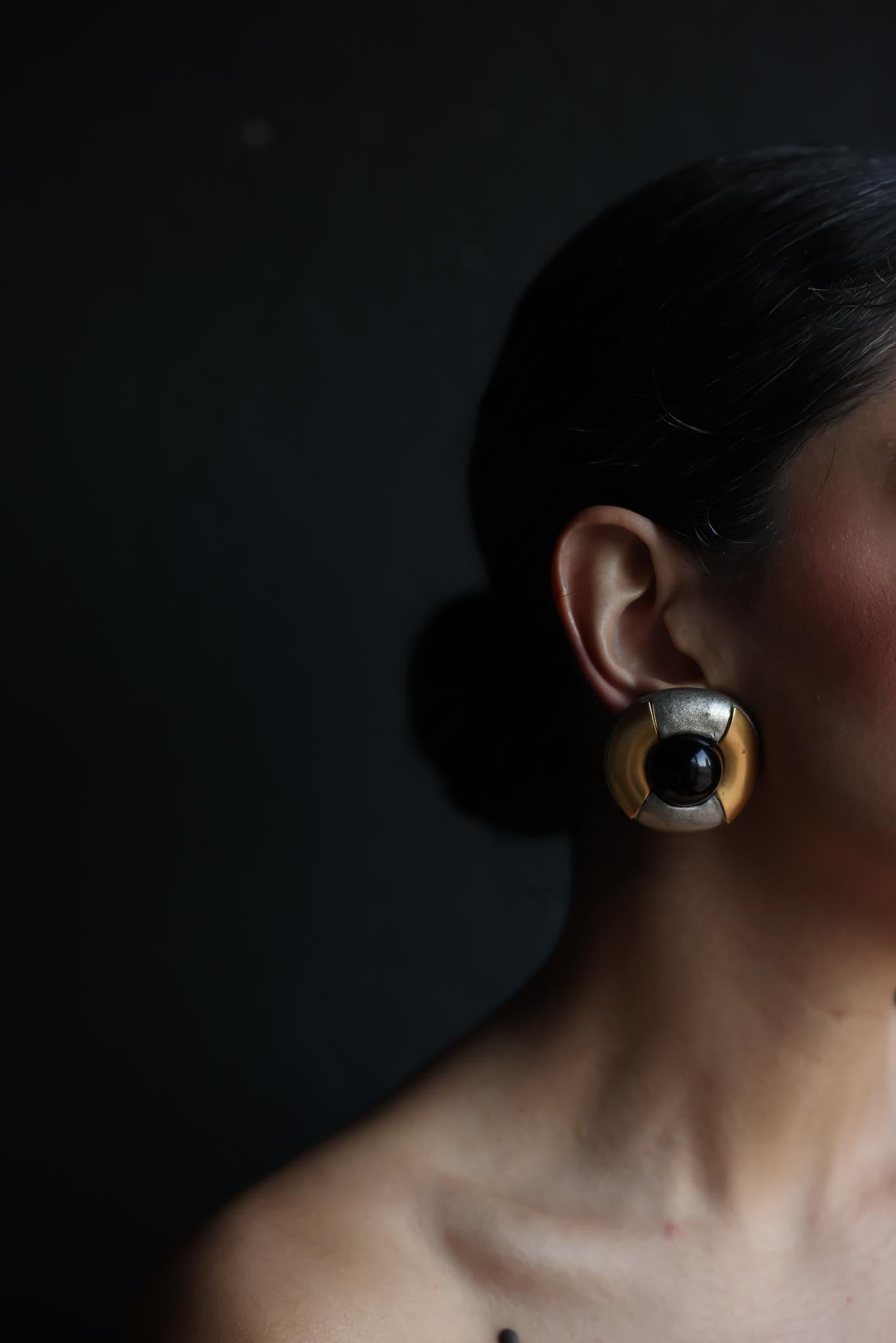 Bold Two-Tone Clip-On Earrings with Black Cabochon|Vintage Baazaar 
