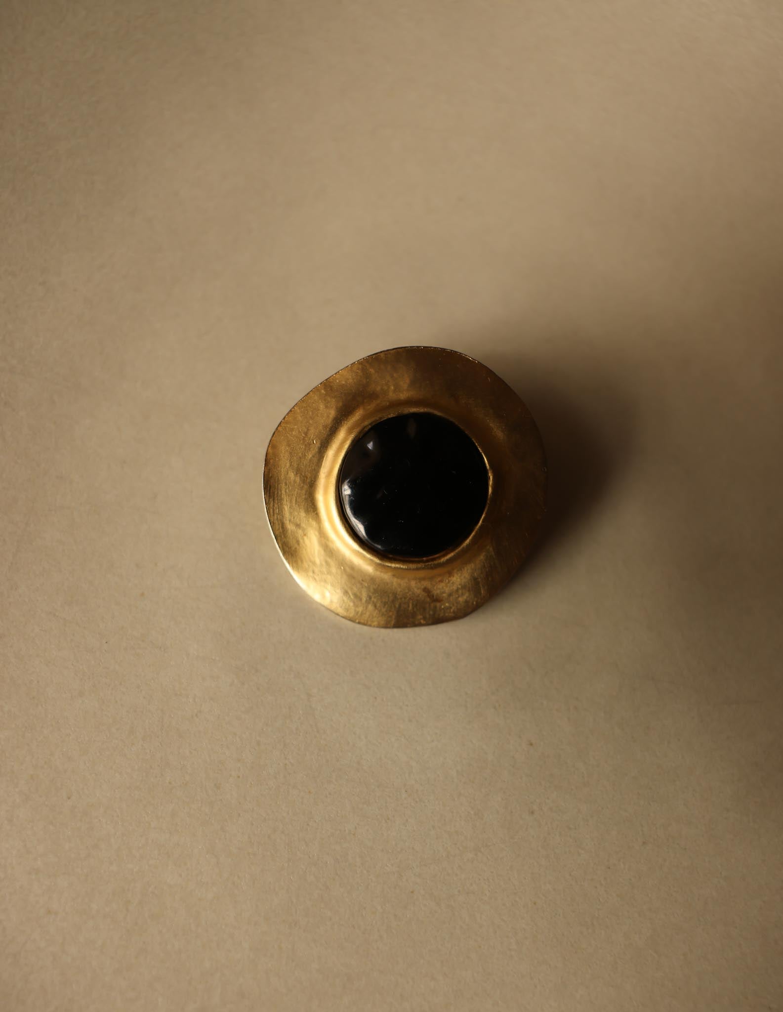 Sculptural Matte Gold Brooch with Black Cabochon|Vintage Baazaar 