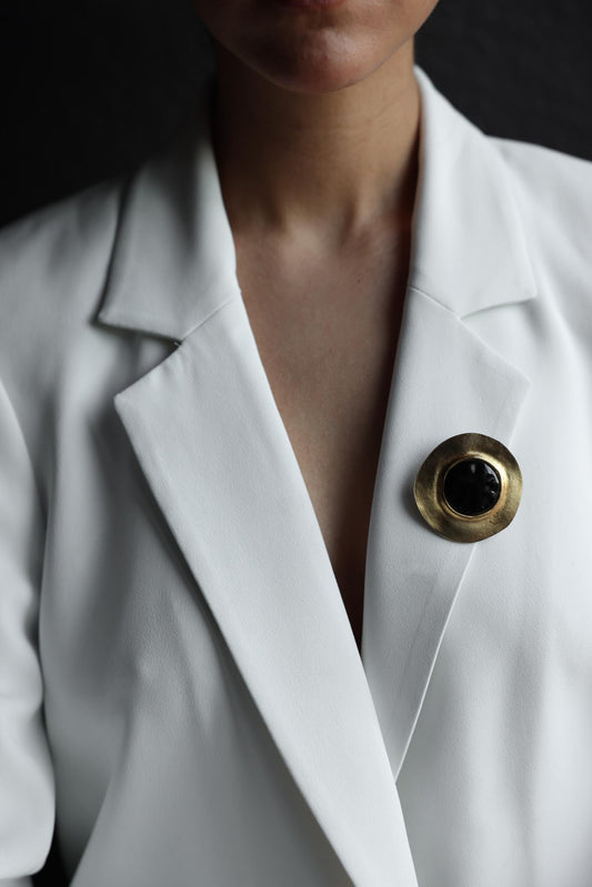 Sculptural Matte Gold Brooch with Black Cabochon|Vintage Baazaar 