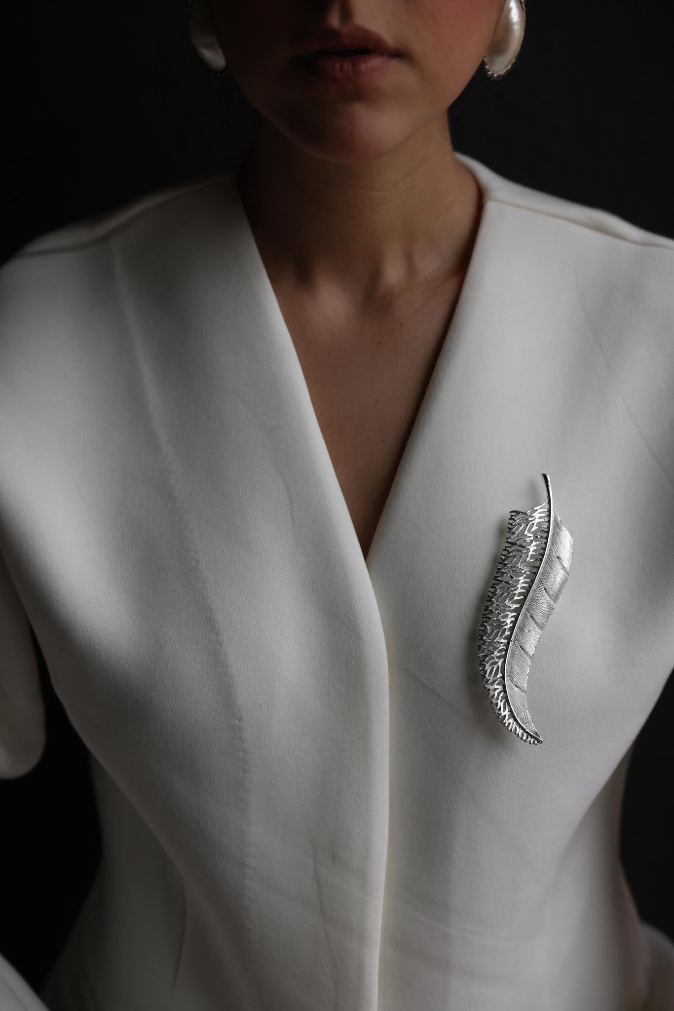Silver-Tone Sculptural Feather Brooch