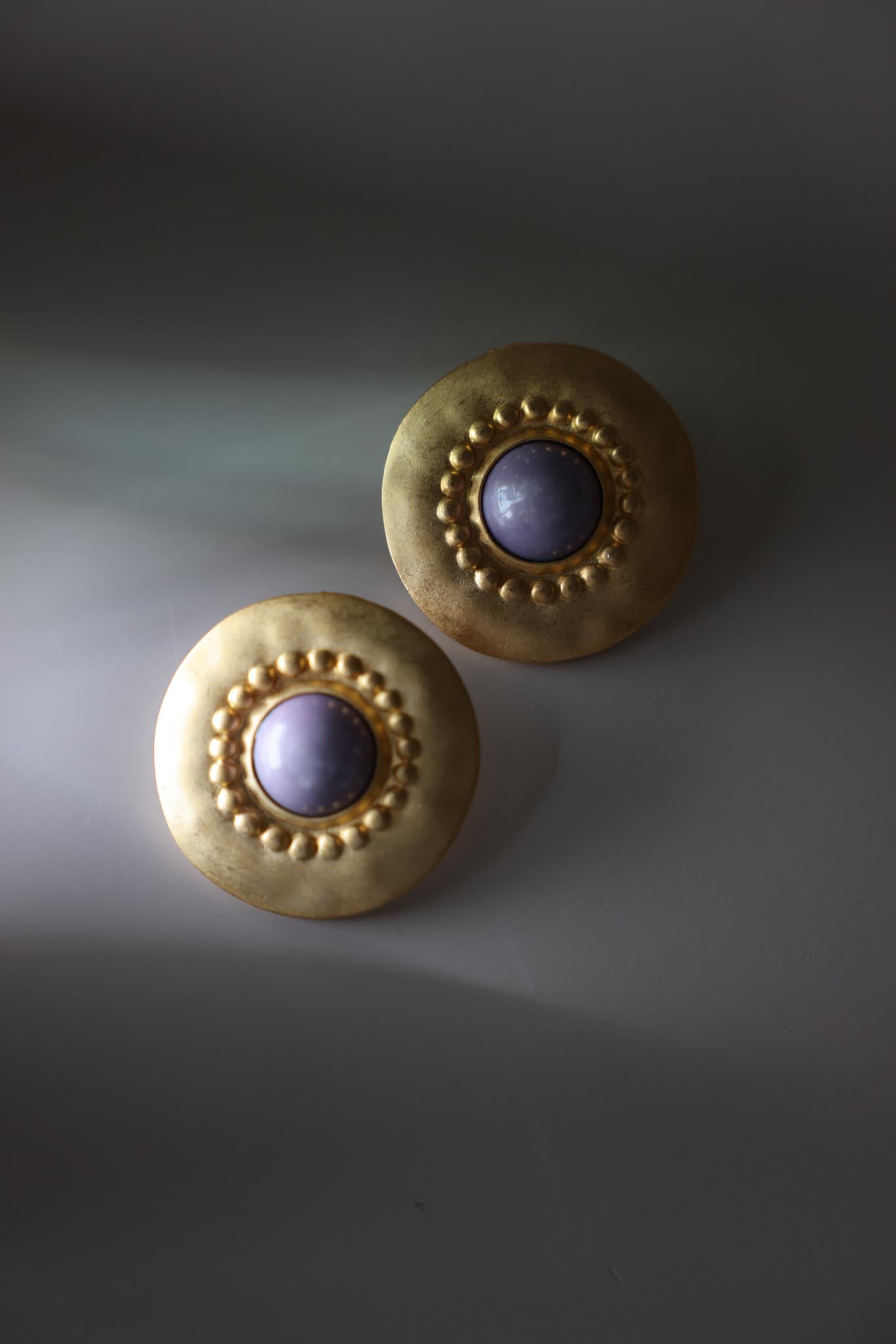 Matte Gold Purple Cabochon Statement Earrings