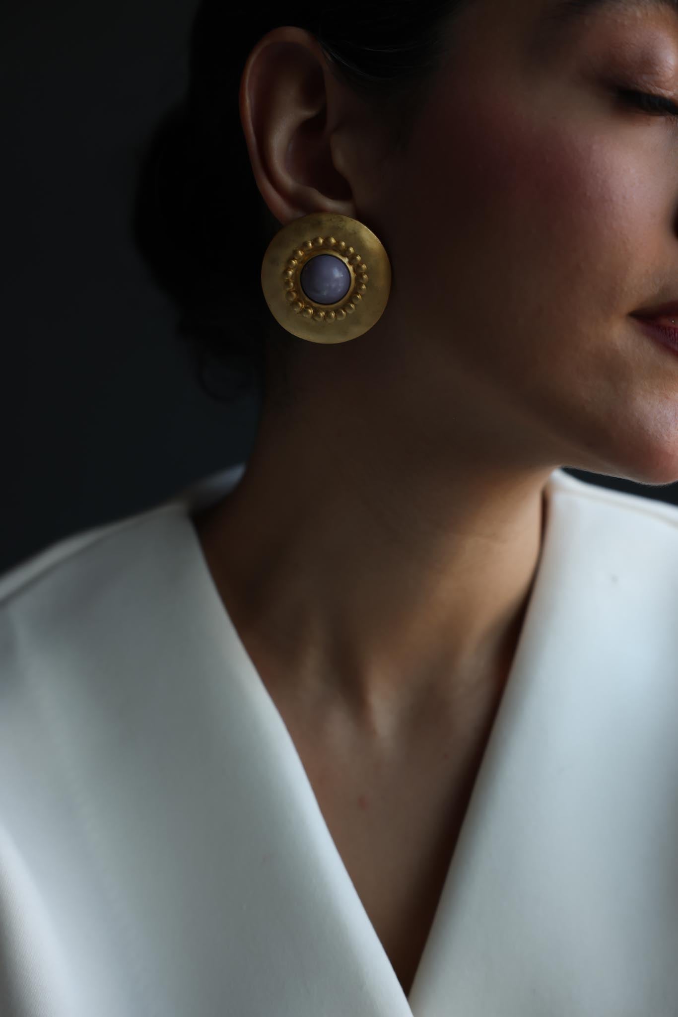 Matte Gold Purple Cabochon Statement Earrings