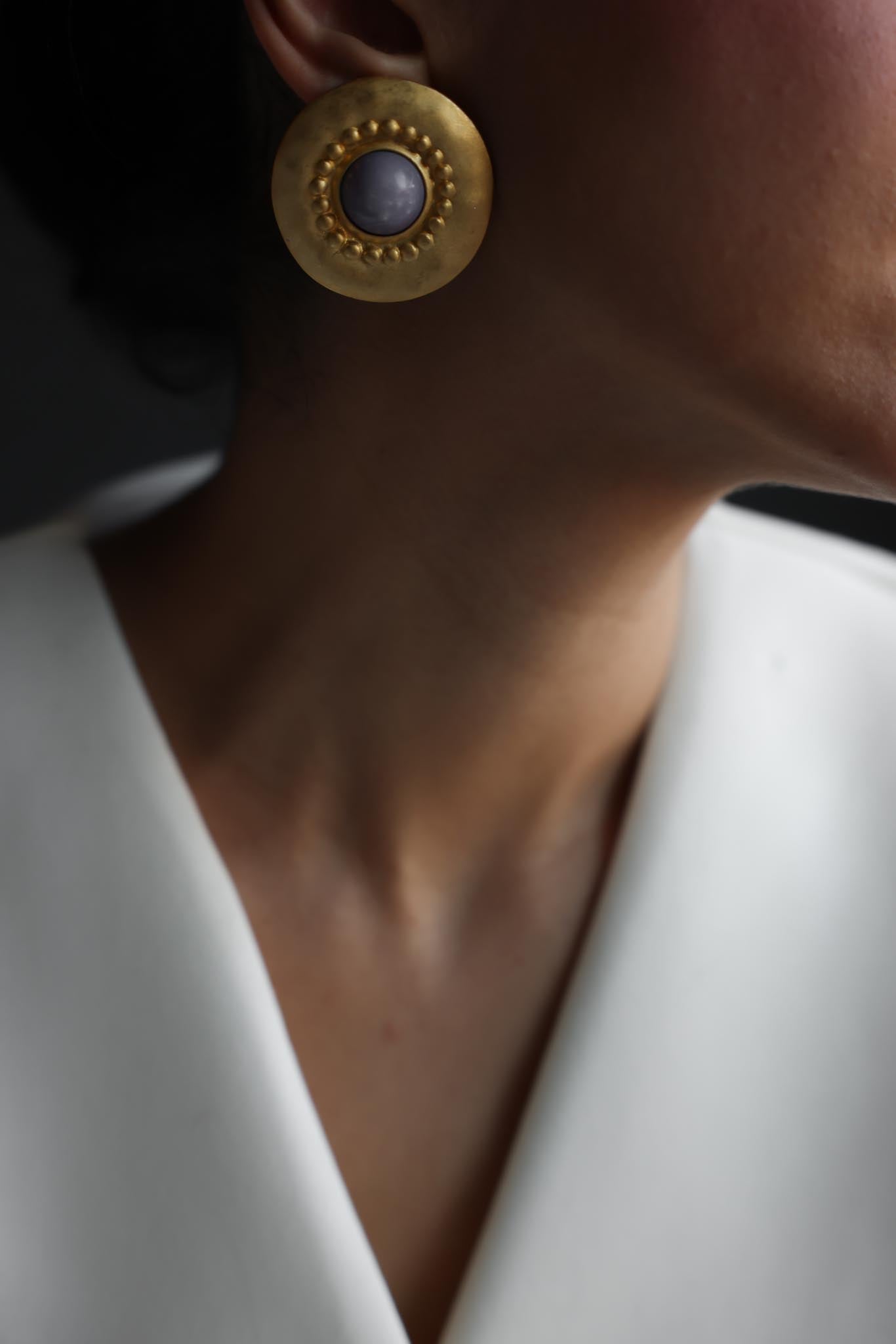 Matte Gold Purple Cabochon Statement Earrings