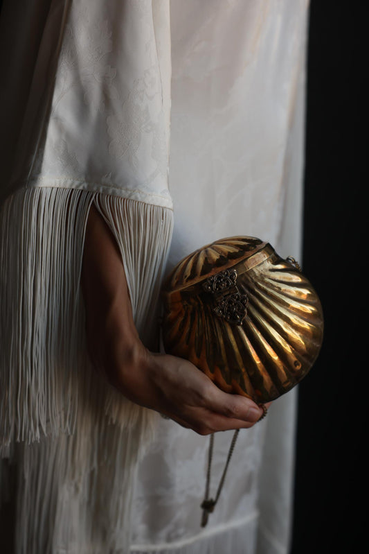 1920s Antique Brass Clam Shell Bag with Blue Velvet Interior