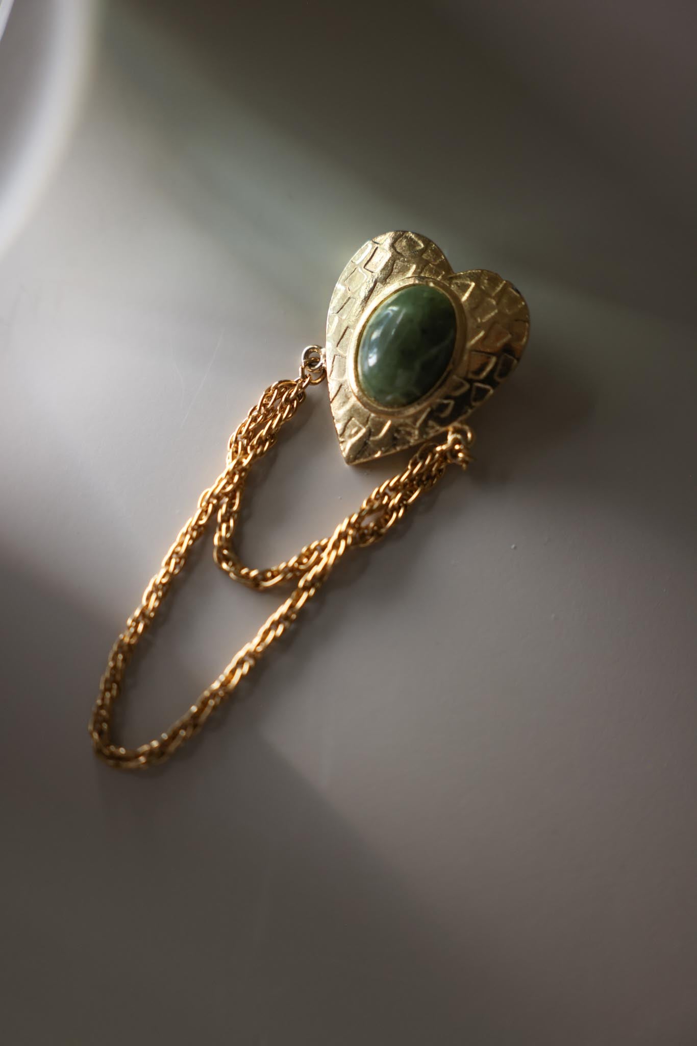 Gold Tone Heart Chain Drape Brooch With Green Cabochon