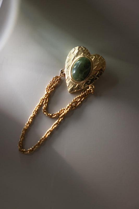 Gold Tone Heart Chain Drape Brooch With Green Cabochon