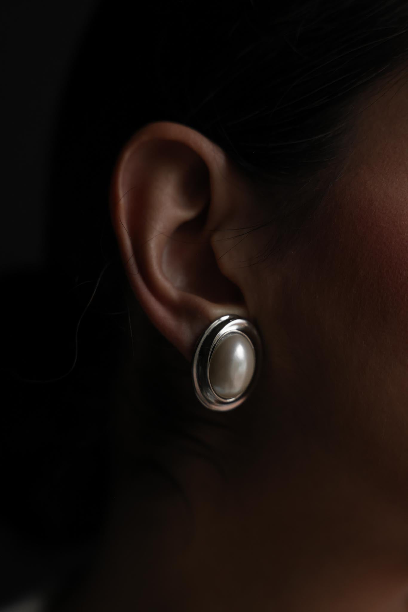 Silver-Tone Oval Faux Pearl Clip-On Earrings