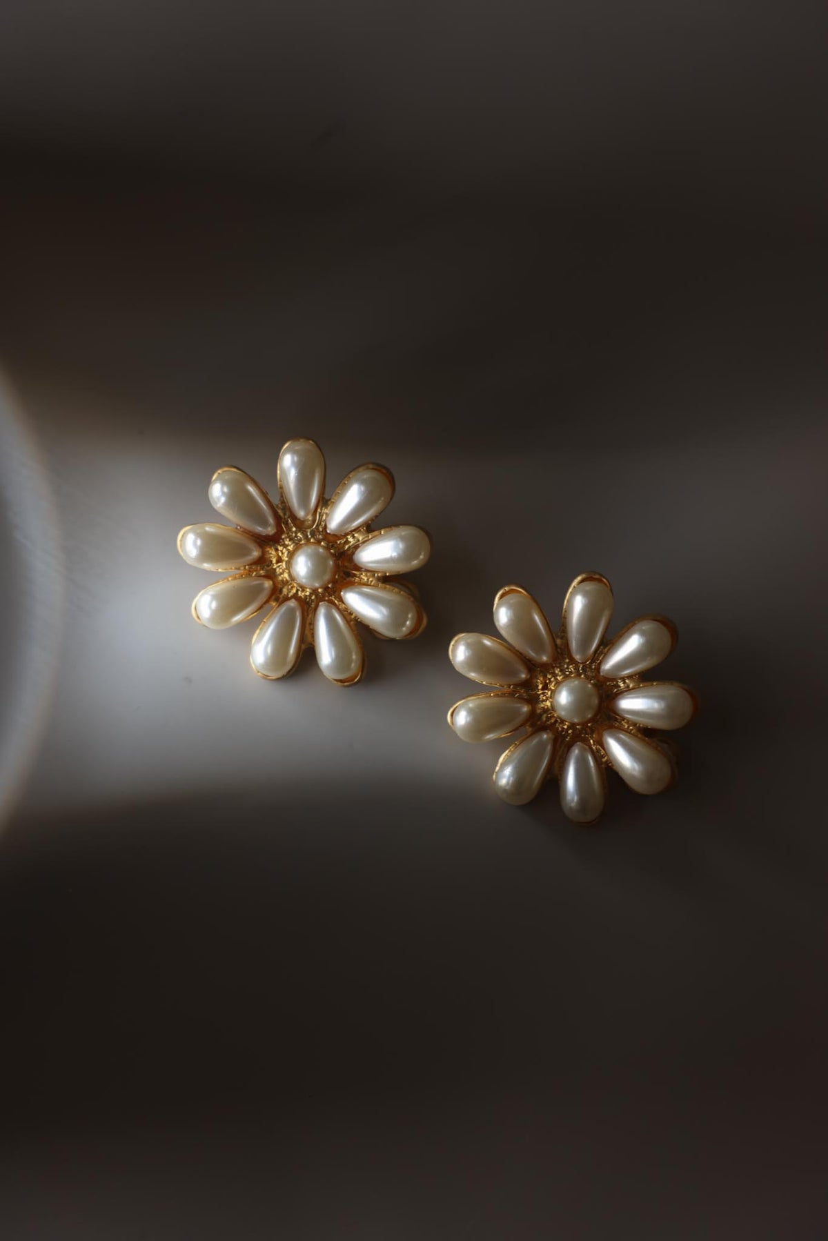 Gold Tone Faux Pearl Flower Clip-On Earrings