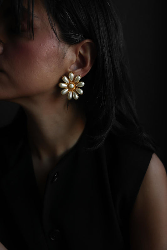 Gold Tone Faux Pearl Flower Clip-On Earrings