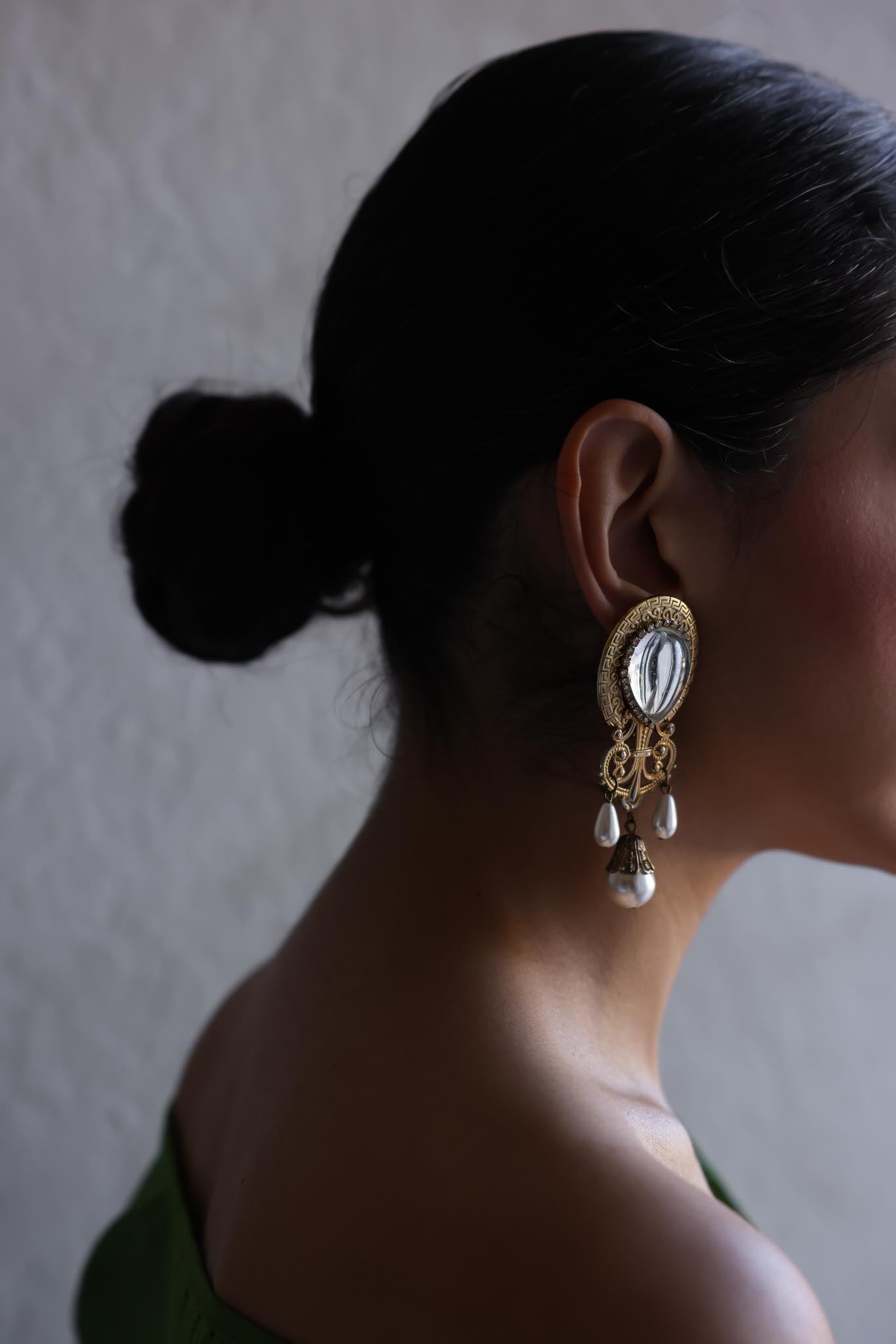 Baroque Drop Clip-On Earrings with Mirror Accents and Faux Pearls|Vintage Baazaar 