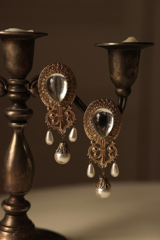 Baroque Drop Clip-On Earrings with Mirror Accents and Faux Pearls|Vintage Baazaar 