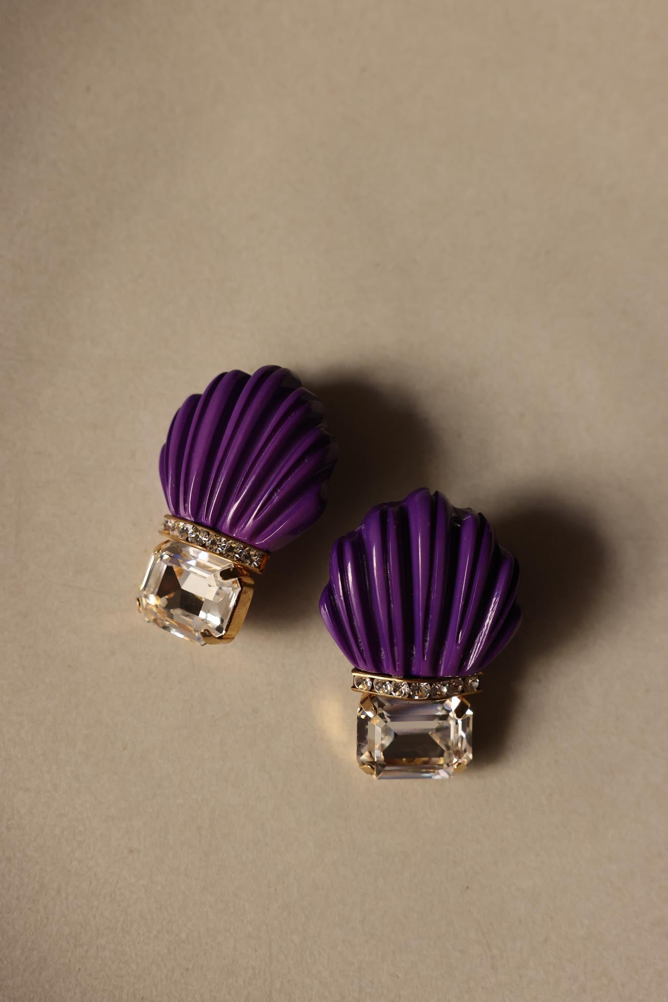 Purple Shell Clip-On Earrings with Rhinestones|Vintage Baazaar 