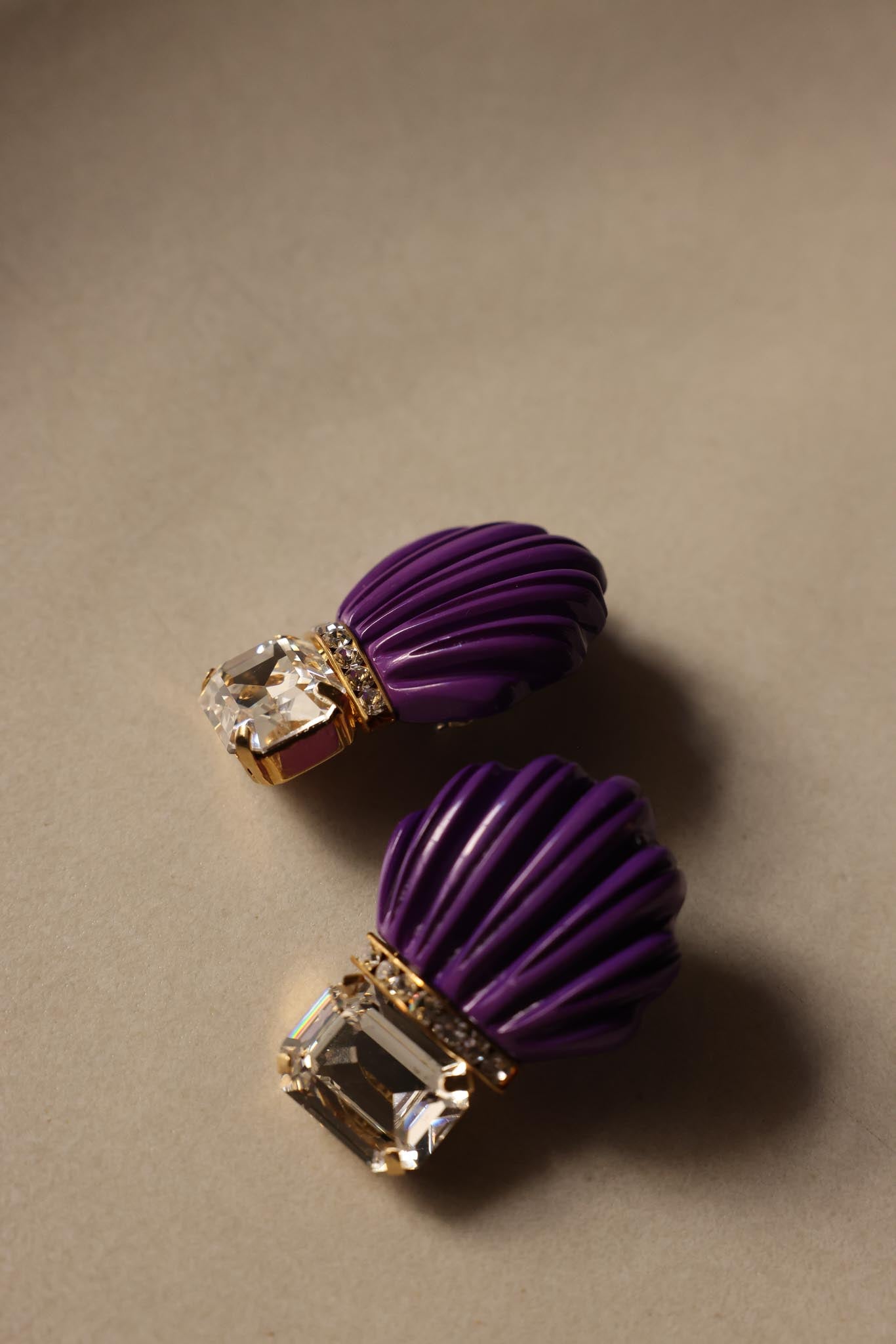 Purple Shell Clip-On Earrings with Rhinestones|Vintage Baazaar 