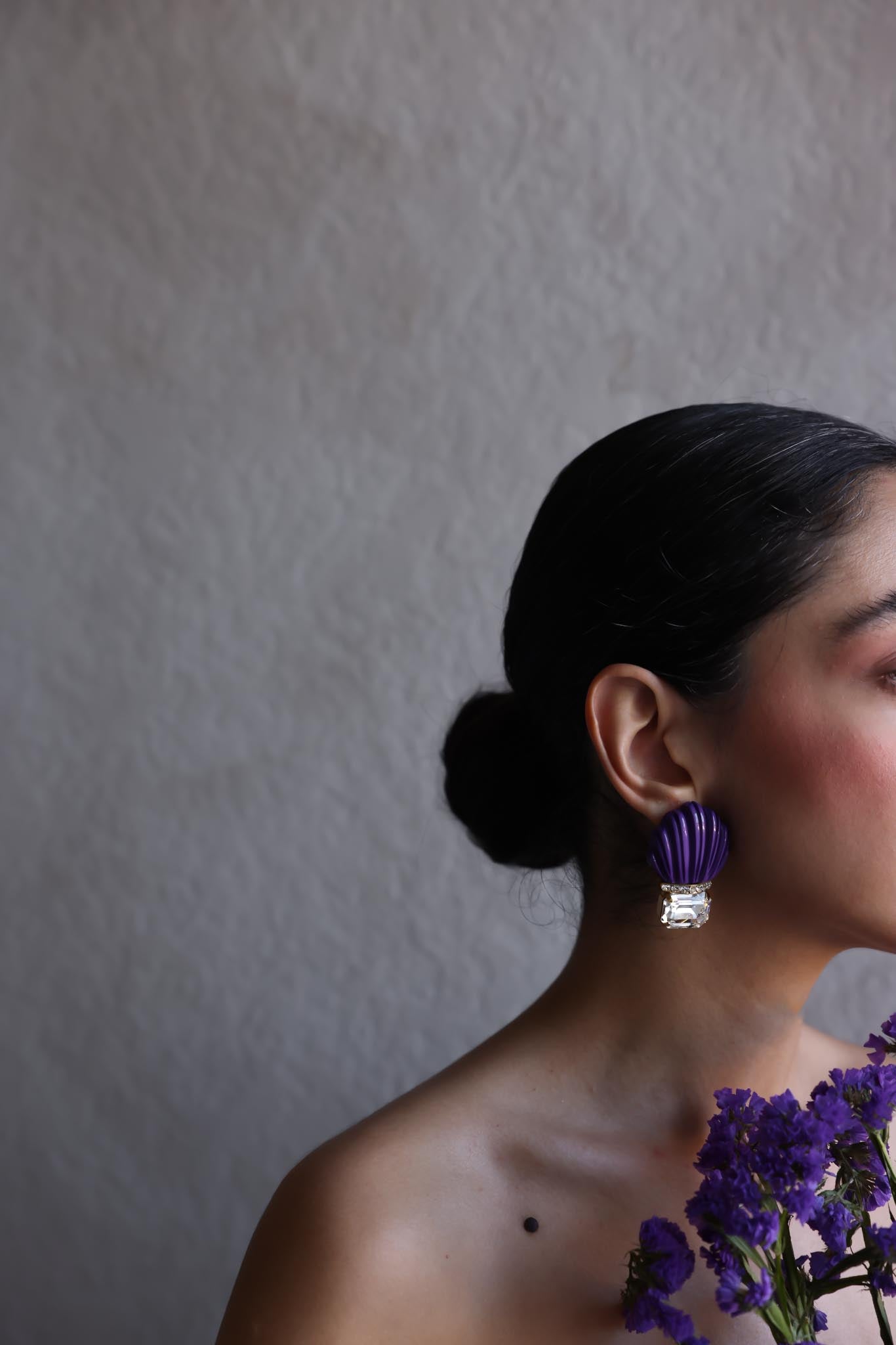 Purple Shell Clip-On Earrings with Rhinestones|Vintage Baazaar 