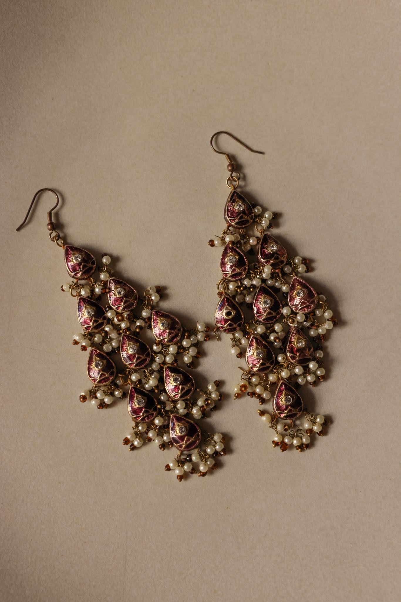Purple Teardrop Chandelier Earrings with Faux Pearls|Vintage Baazaar 