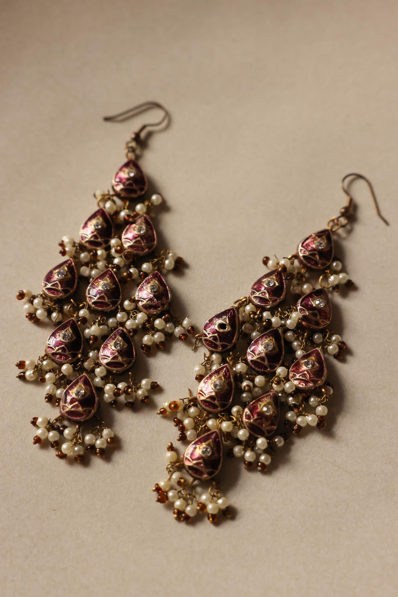 Purple Teardrop Chandelier Earrings with Faux Pearls|Vintage Baazaar 