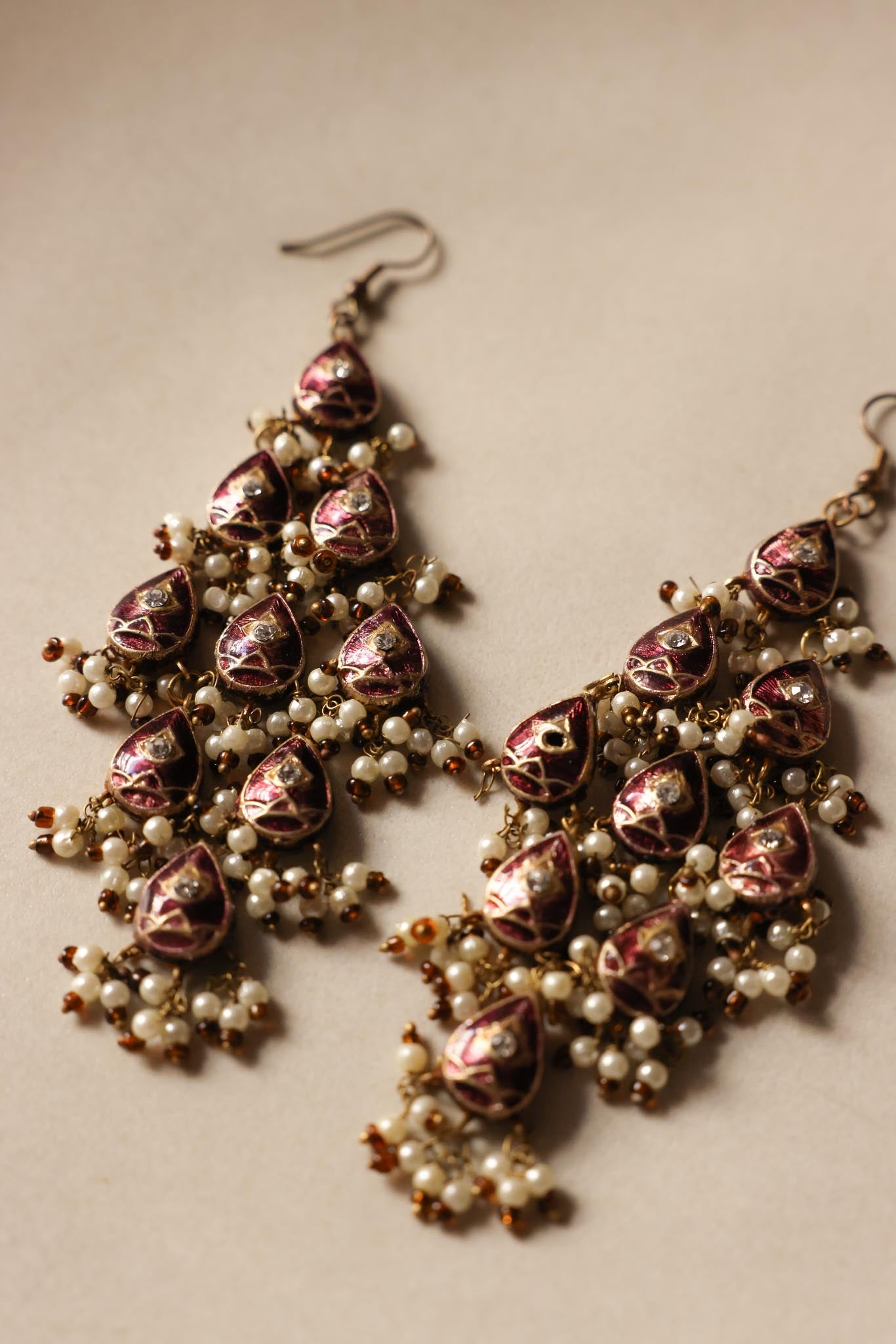 Purple Teardrop Chandelier Earrings with Faux Pearls|Vintage Baazaar 