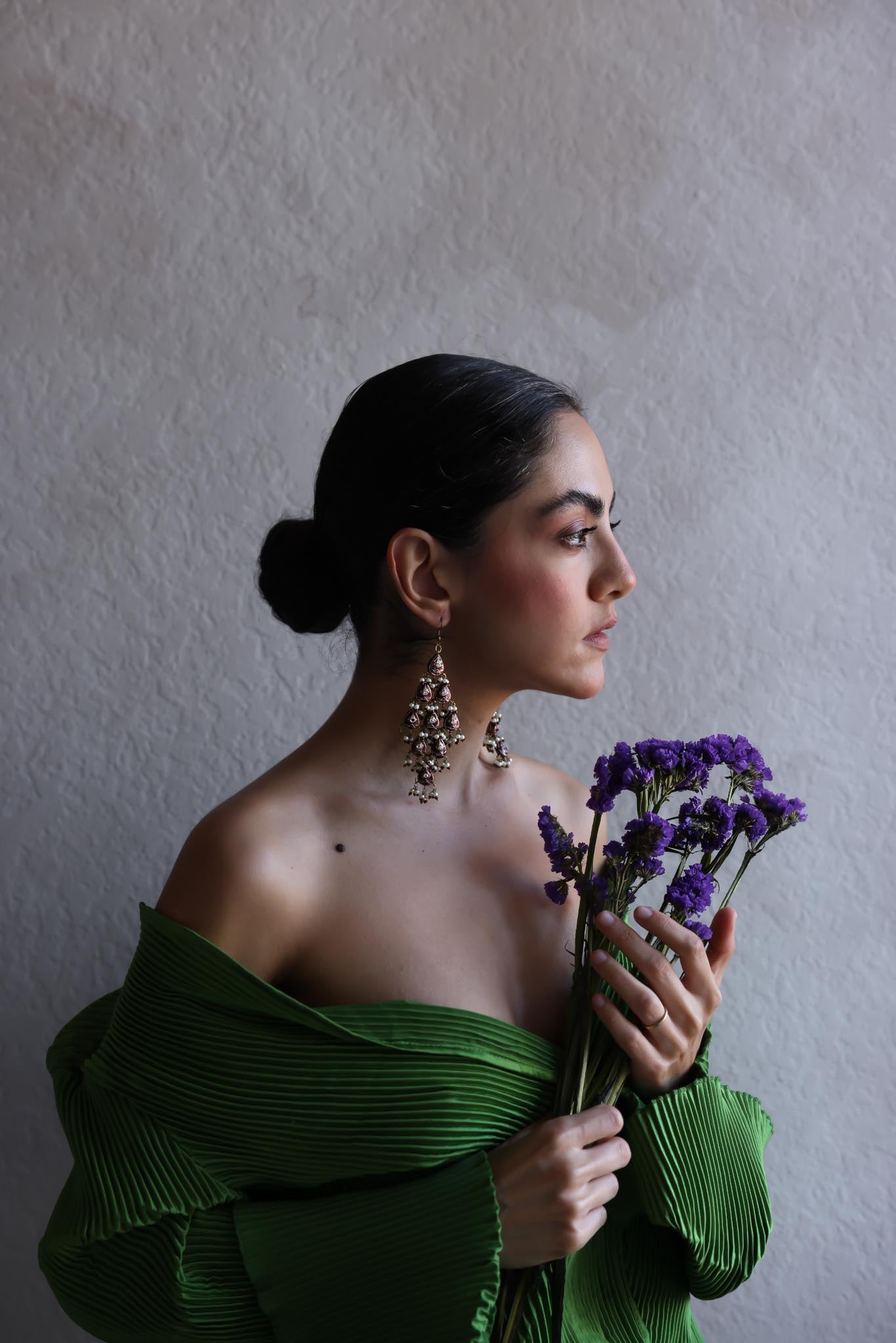 Purple Teardrop Chandelier Earrings with Faux Pearls|Vintage Baazaar 