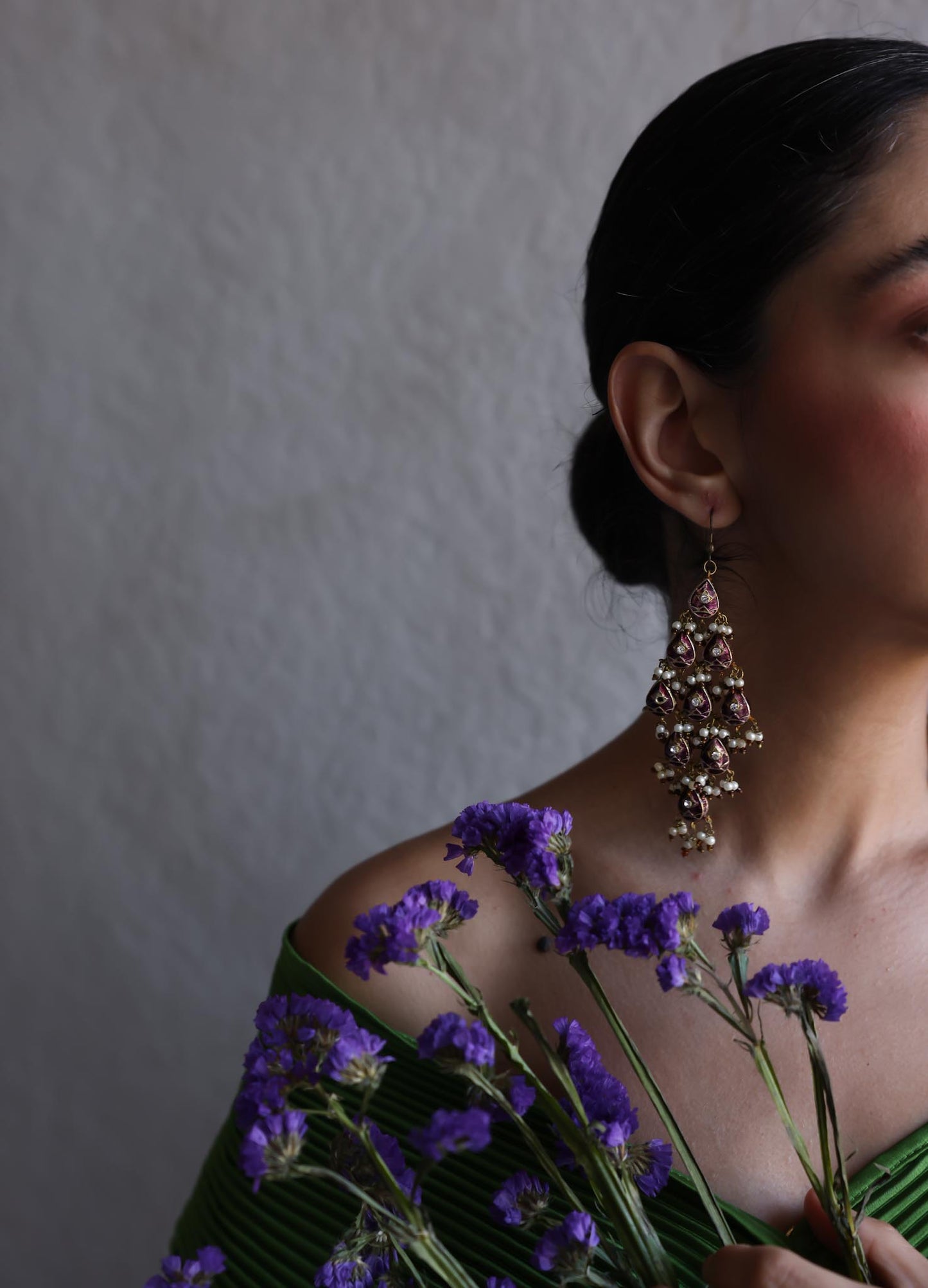 Purple Teardrop Chandelier Earrings with Faux Pearls|Vintage Baazaar 