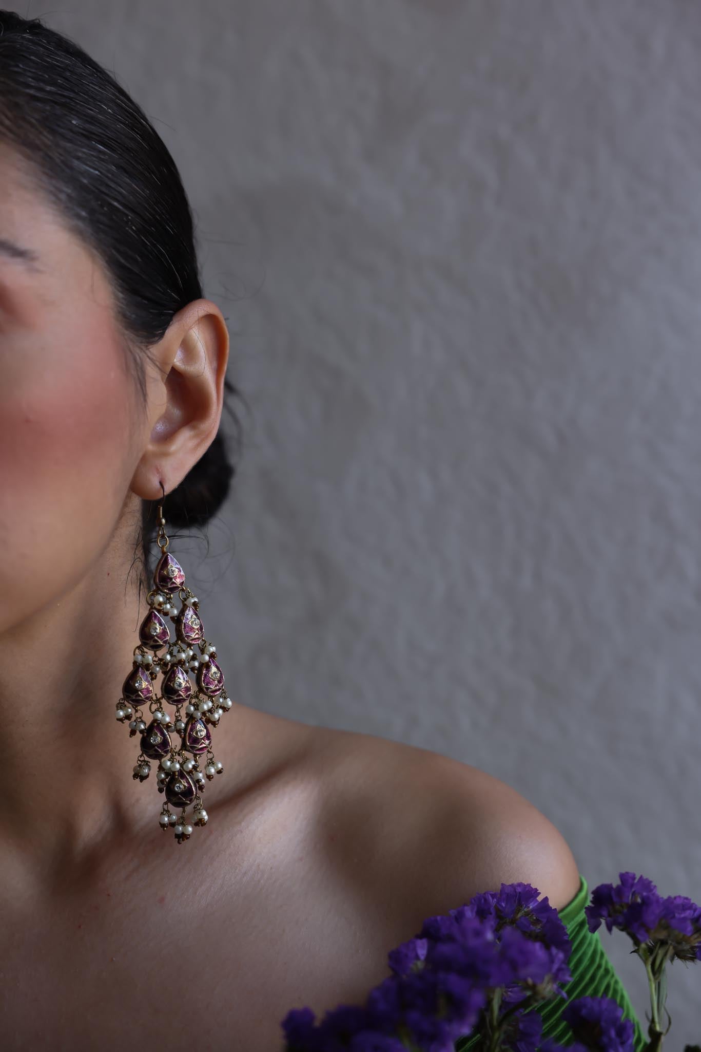 Purple Teardrop Chandelier Earrings with Faux Pearls|Vintage Baazaar 