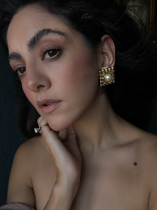 Regal Pearl Square Earrings|Vintage Baazaar 