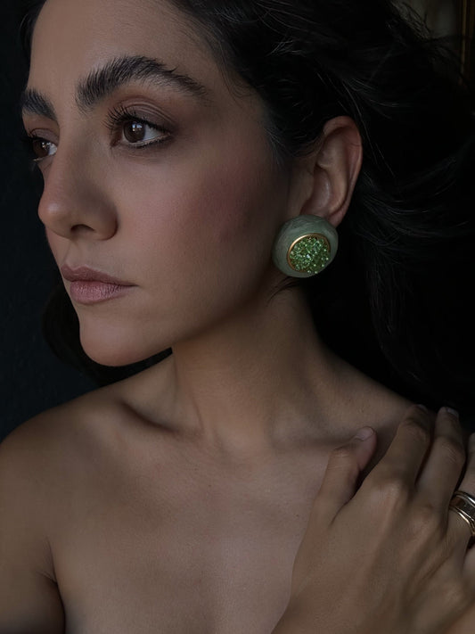Green Beaded Dome Earrings|Vintage Baazaar 