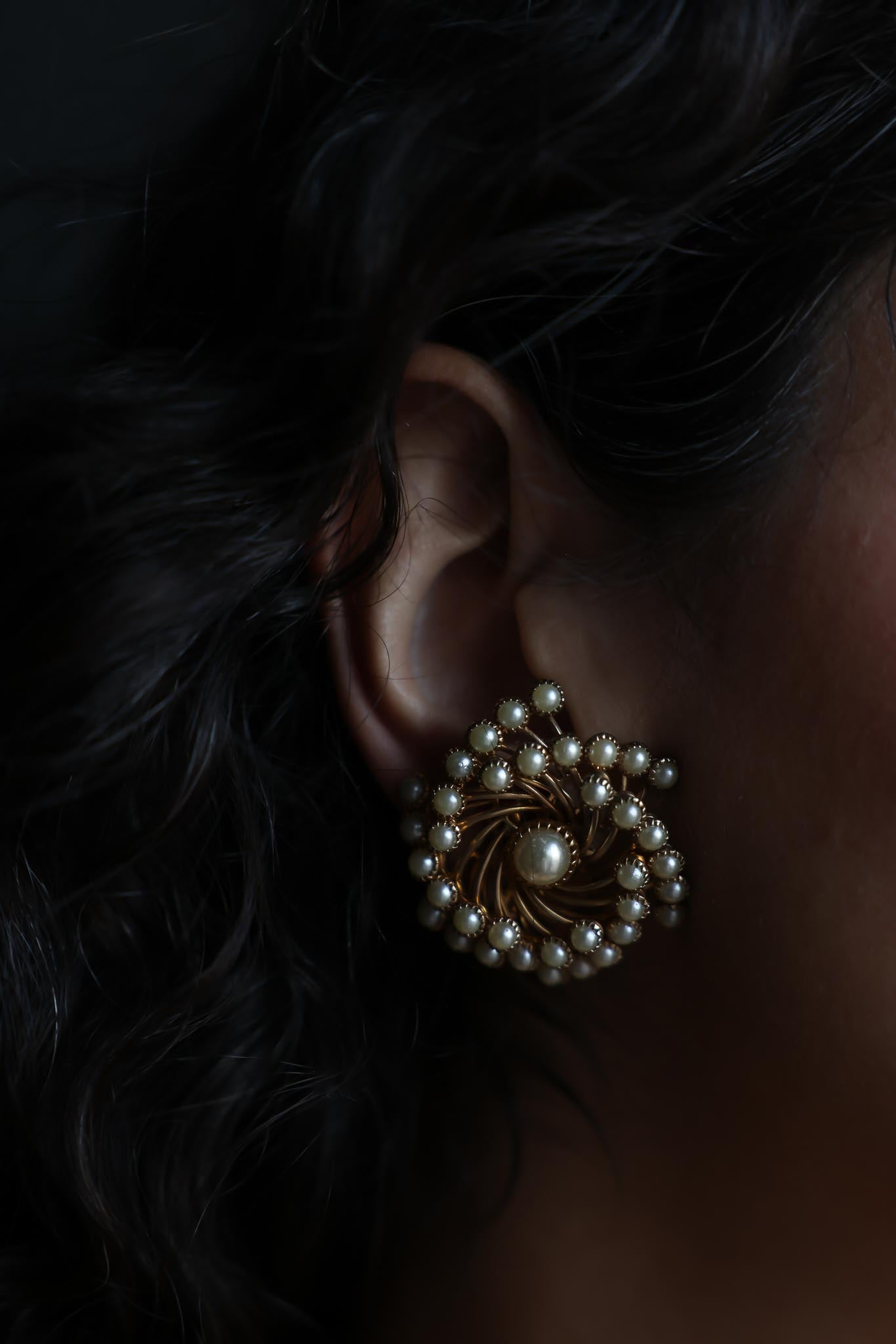 Spiral Pearl Cluster Clip-On Earrings-1950s