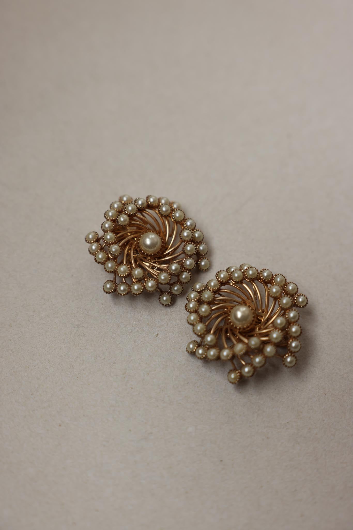 Spiral Pearl Cluster Clip-On Earrings-1950s