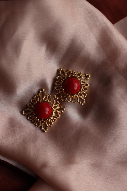 Gold-Tone Red Cabochon Clip-On Earrings