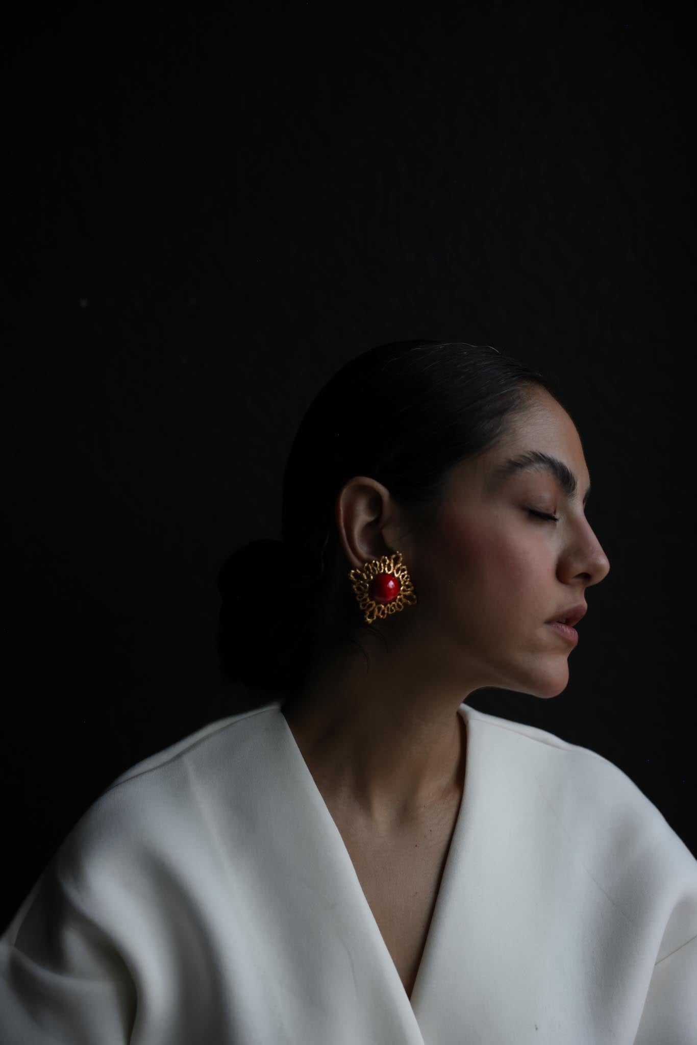 Gold-Tone Red Cabochon Clip-On Earrings