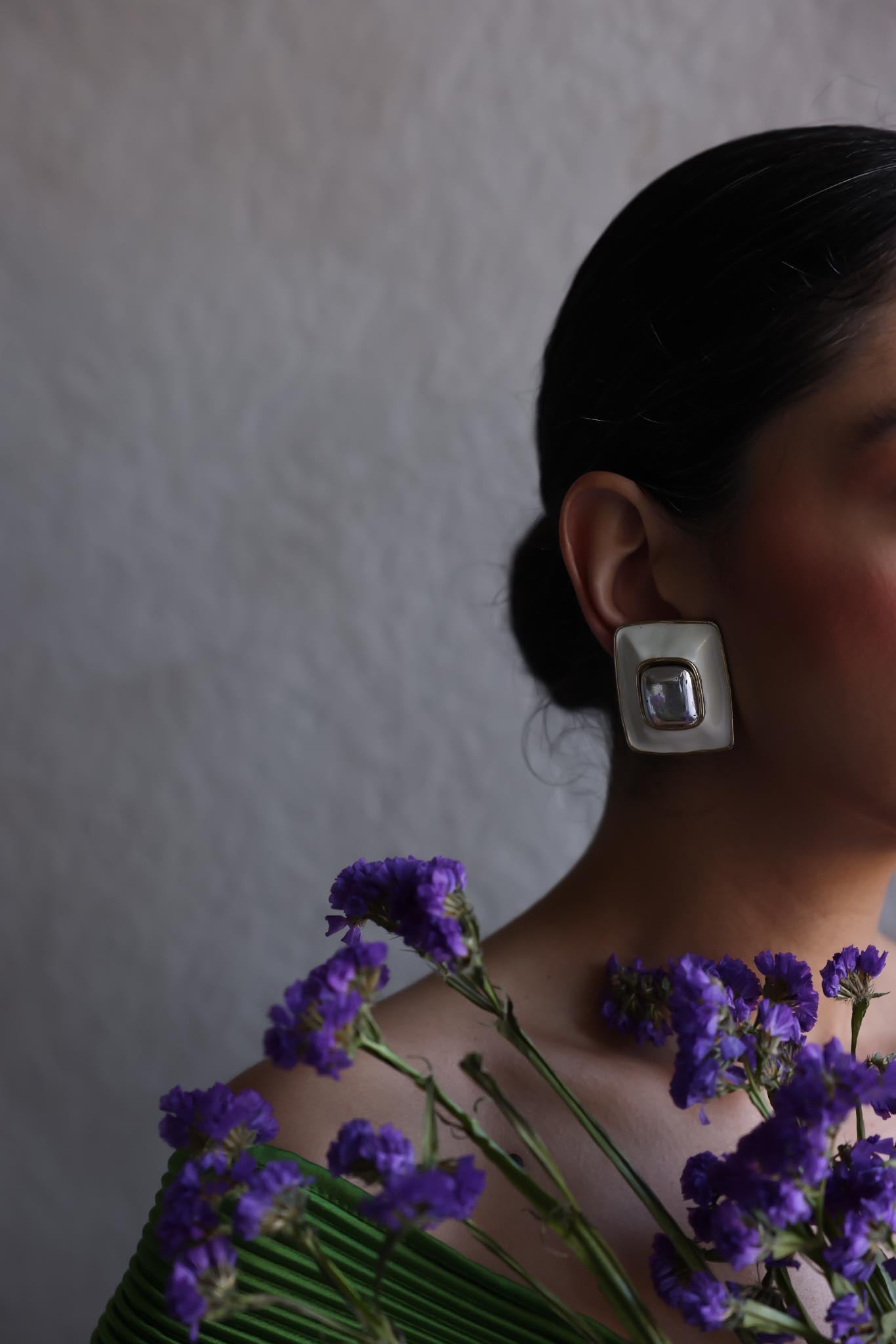 Two-Tone White Enamel Clip-On Earrings|Vintage Baazaar 