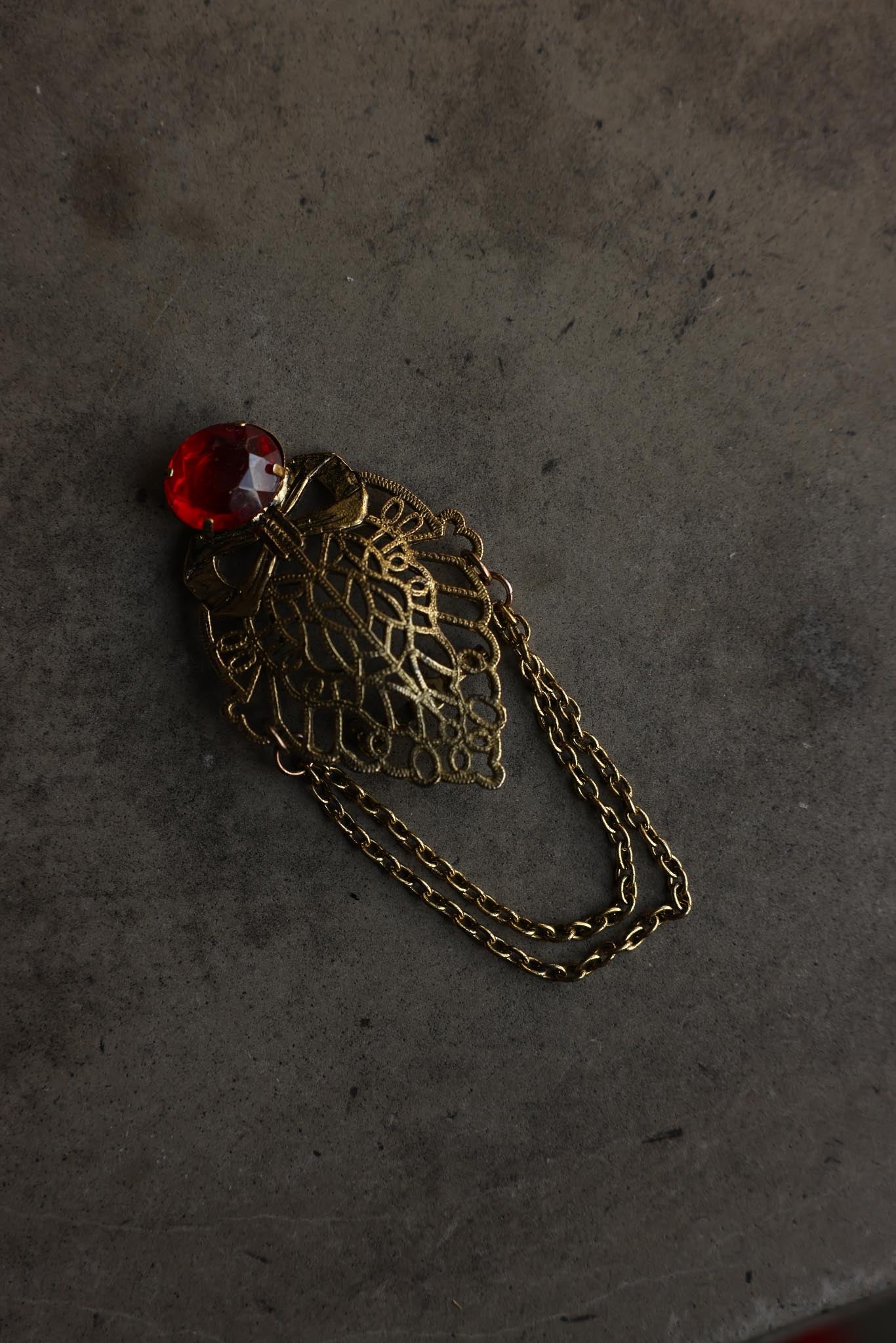 Brass Filigree Red Cabochon Brooch