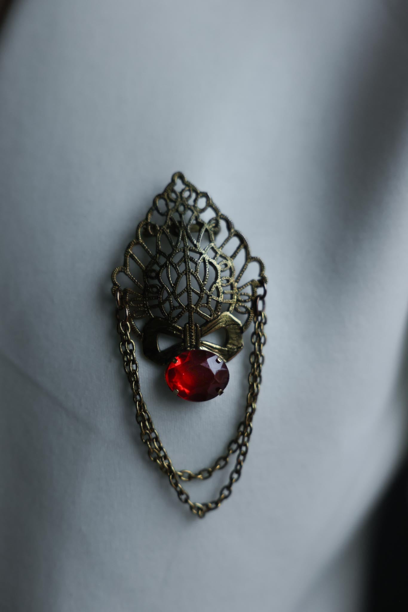 Brass Filigree Red Cabochon Brooch