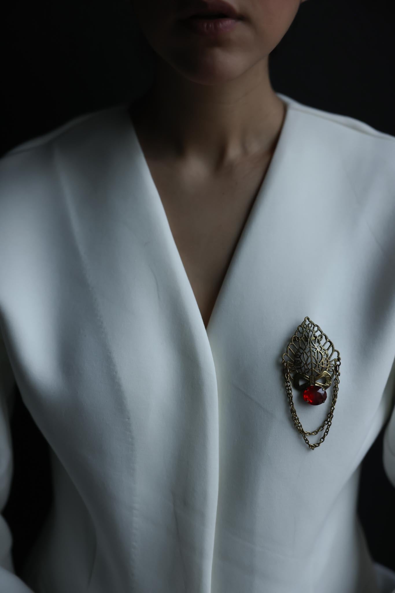 Brass Filigree Red Cabochon Brooch