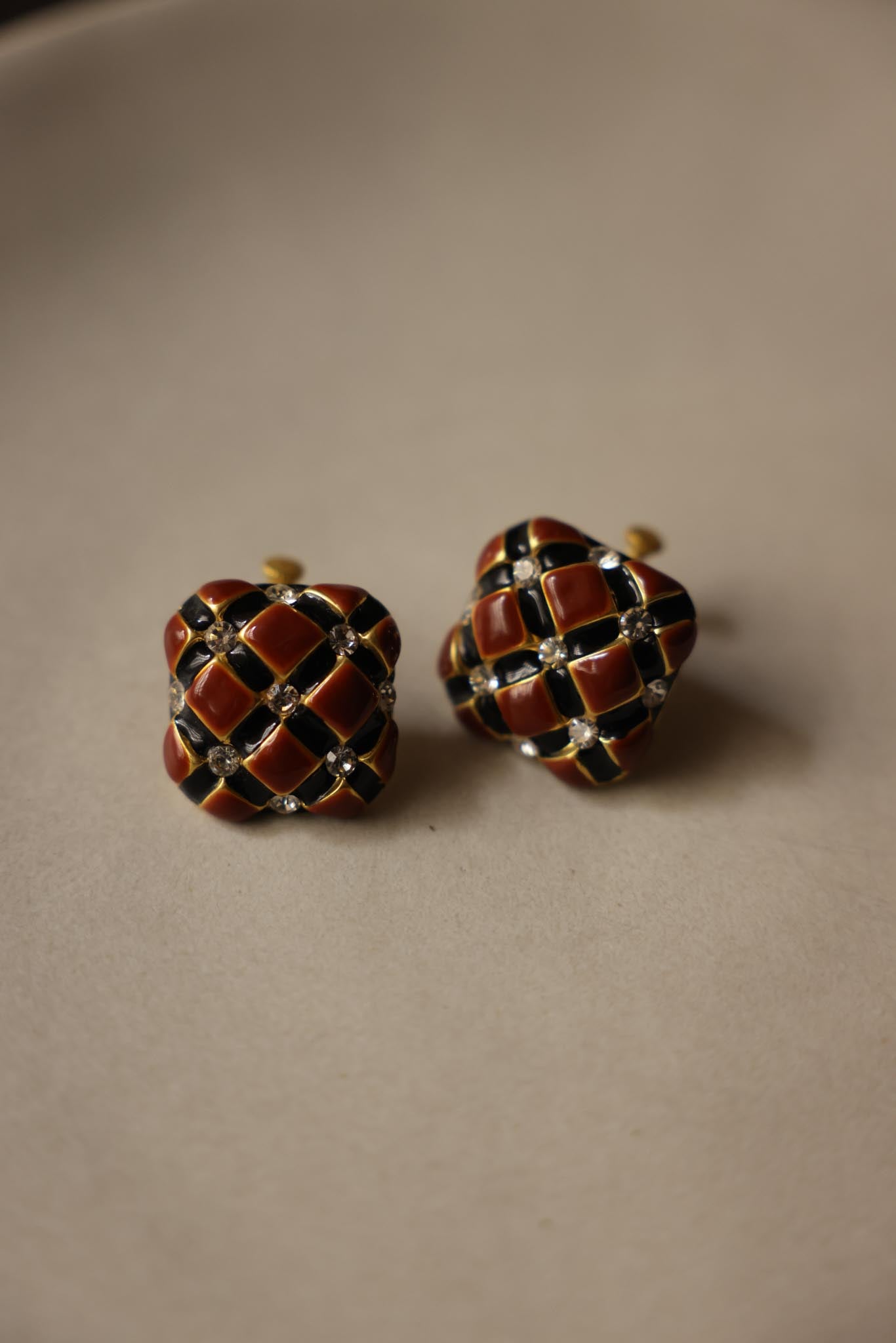 Brown Grid Enamel Clip-On Earrings|Vintage Baazaar 