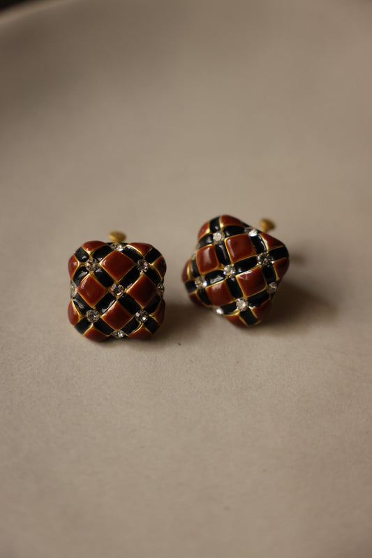Brown Grid Enamel Clip-On Earrings|Vintage Baazaar 