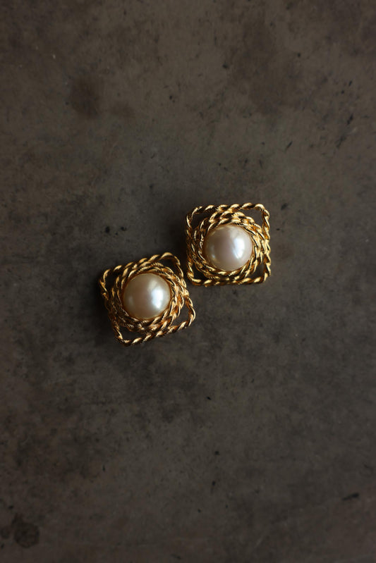 Gold-Tone Square Faux Pearl Clip-On Earrings