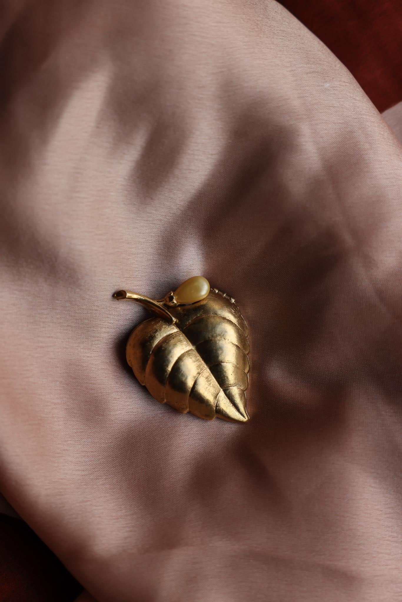 Brushed Gold Leaf Perfume Brooch with Faux Pearl