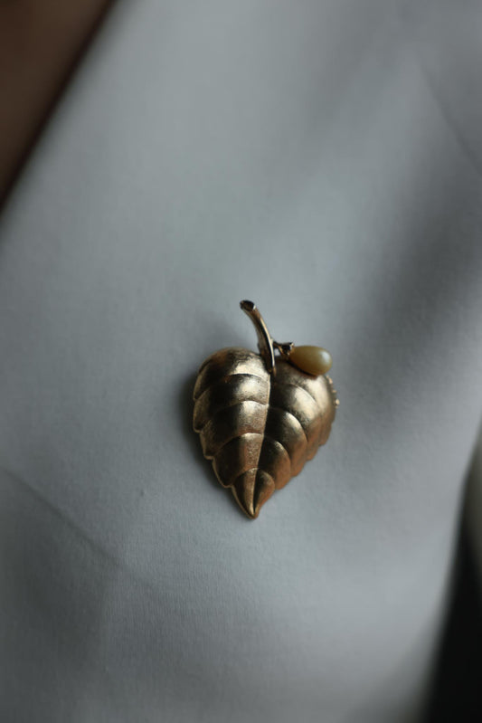 Brushed Gold Leaf Perfume Brooch with Faux Pearl