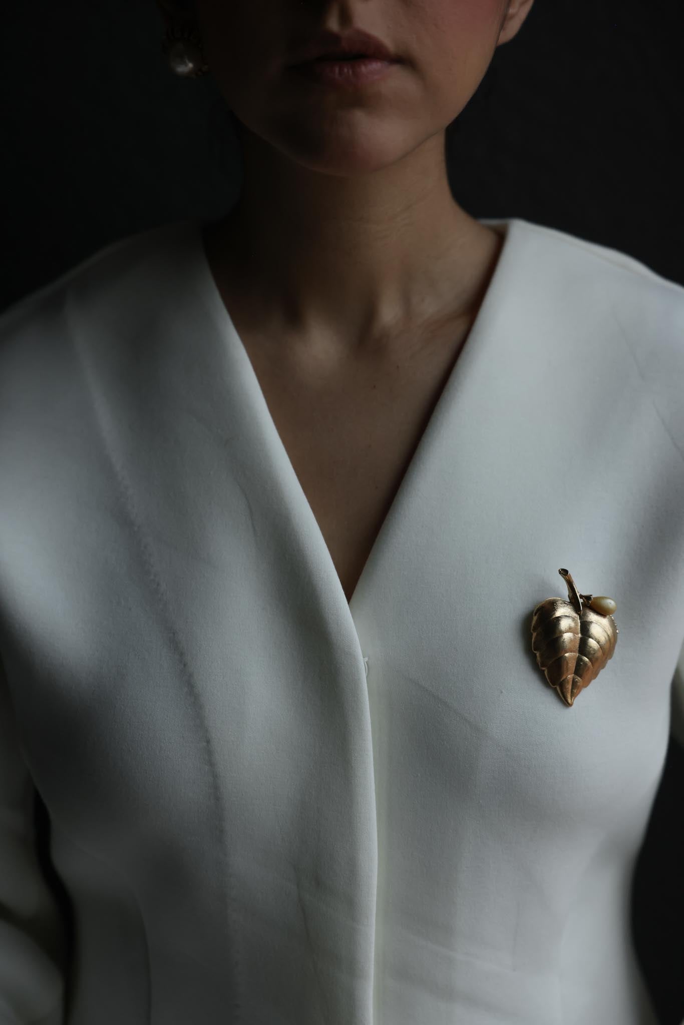 Brushed Gold Leaf Perfume Brooch with Faux Pearl