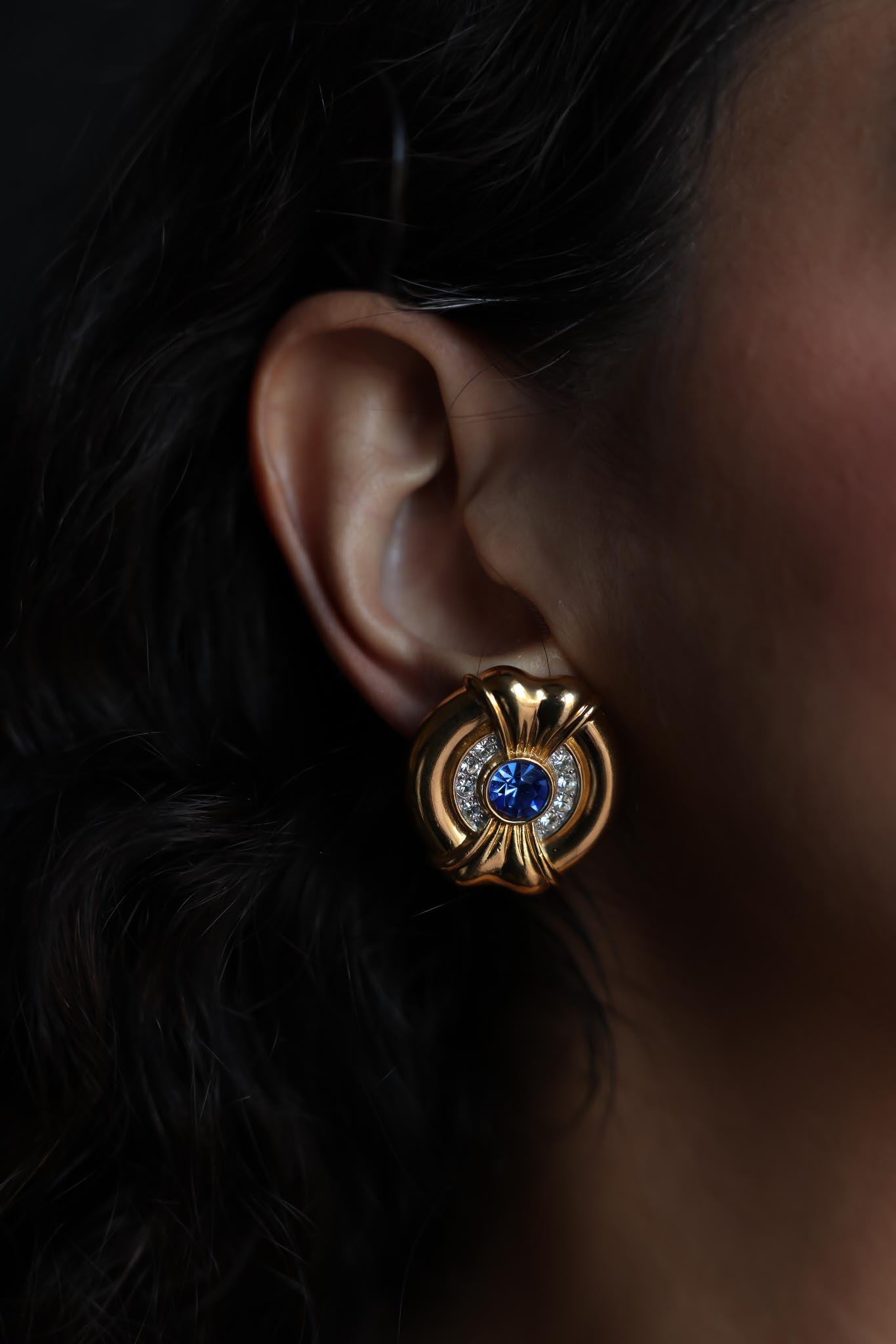 Gold and Sapphire Blue Clip-On Earrings