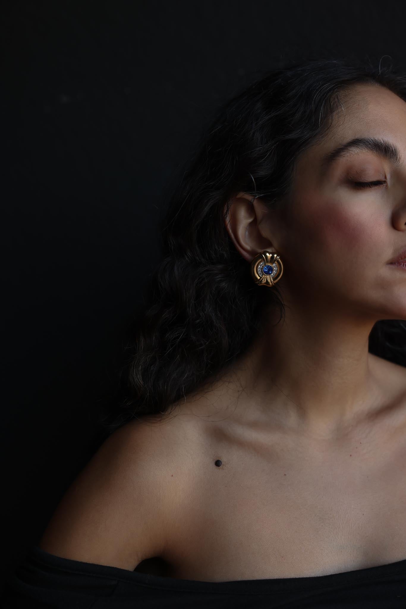 Gold and Sapphire Blue Clip-On Earrings
